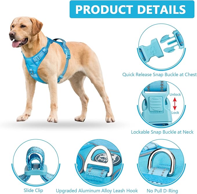 PoyPet No Pull Dog Harness, No Choke Reflective Dog Vest, Adjustable Pet Harnesses with Easy Control Padded Handle for Small Medium Large Dogs(Blue,XL)