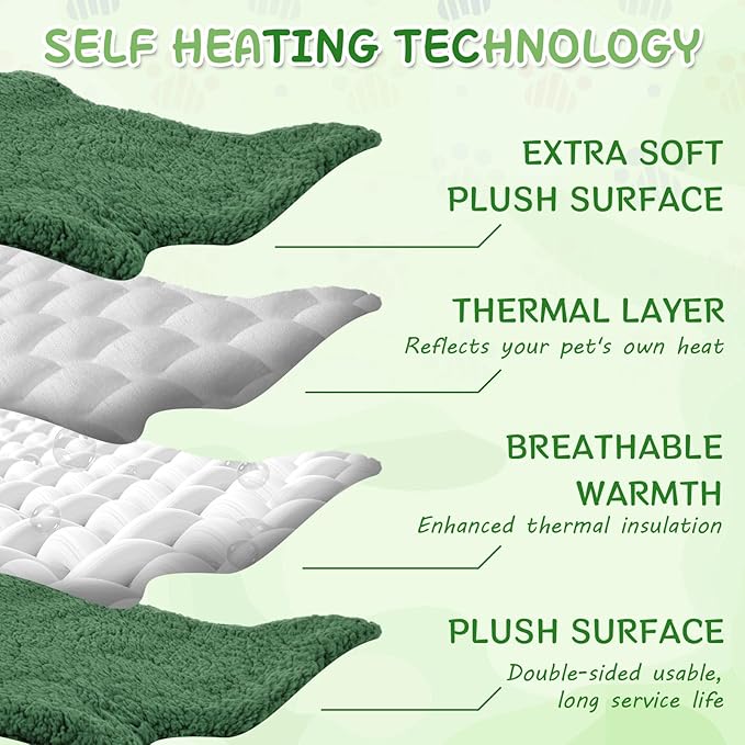 3 Pack Self Warming Cat Dog Bed Leaf Shape Self Heating Pet Mat Non Electric Washable Thermal Sleeping Pad Plush Heated Pet Mat for Crate Floor Indoor Outdoor(Dark Green,Medium-18 x24)