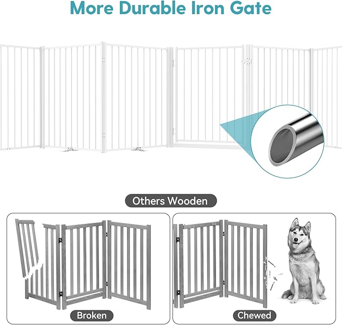No Pawblems Free Standing Dog Gate with Door, 30'' Tall Foldable Dog Fence for Indoor & Outdoor, Up to 156 Inch Extra Wide Puppy Gate for Stairs, Hallways, Doorways, Deck, Yard (White, 6 Panels)