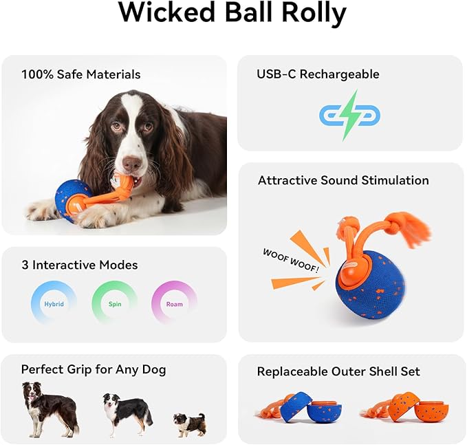 Cheerble Smart Interactive Dog Toy, Wicked Ball Rolly, Automatic Moving, Bouncing, Rotating, E-TPU Material, Active Rolling Interactive Dog Ball for Medium and Large Dogs (Blue)