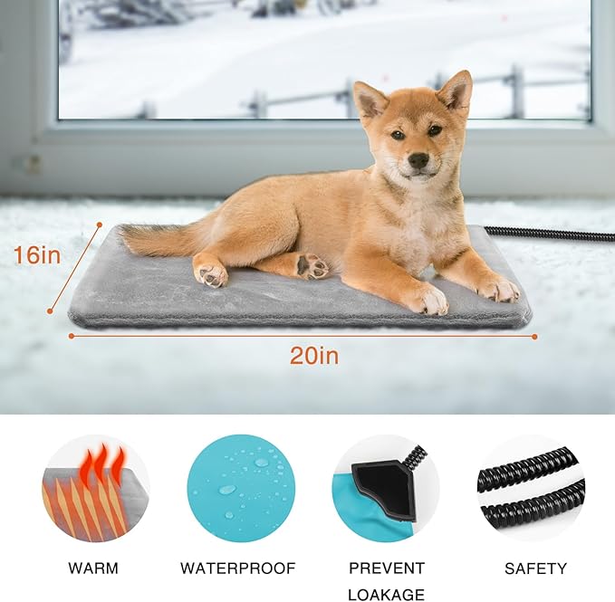 Heating Pad for Cats and Dogs Outdoor,Indoor Warming Cat Heating Pad, Waterproof，Chew Resistant Cord (Grey, 20 X 16)