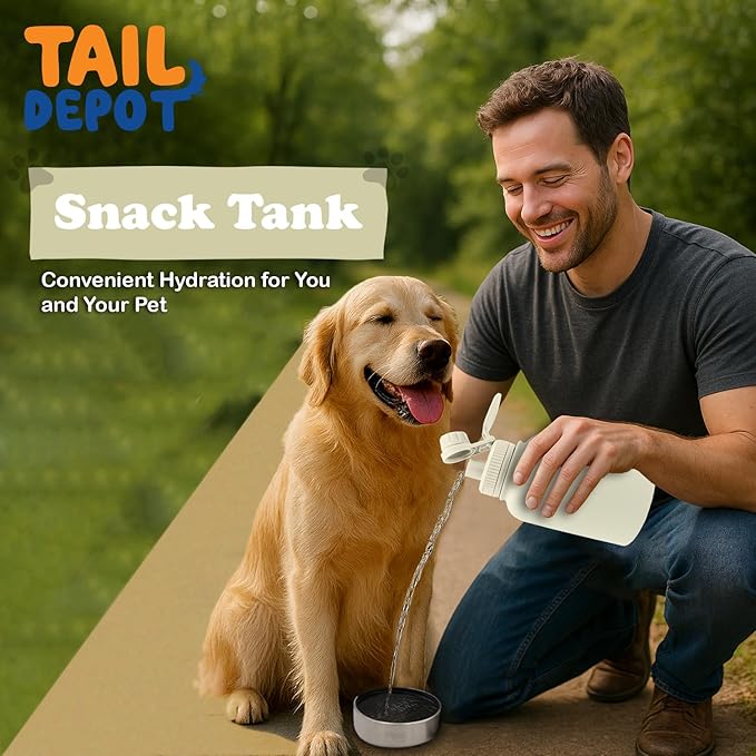 Tail Depot Snack Tank, 3-in-1 Water Bottle with Pet Treats and Water Bowl, Stainless Steel, Leakproof (Ivory, 1 Liter)