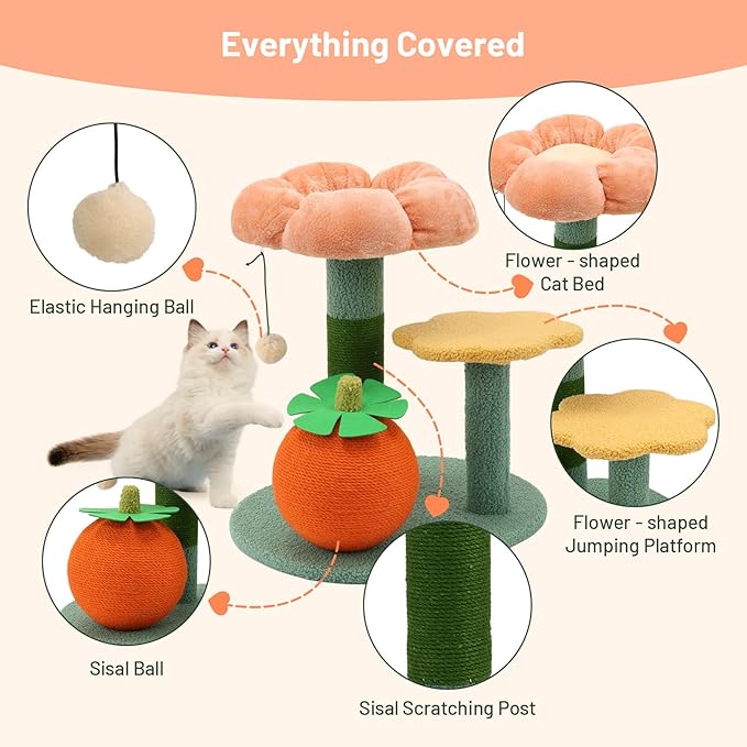 Sisal Cat Scratcher for Indoor Cat Kitten Sugar Ball Scratching Post with Hanging Ball,Solid Wooden 2 Level Track,Interactive Toy