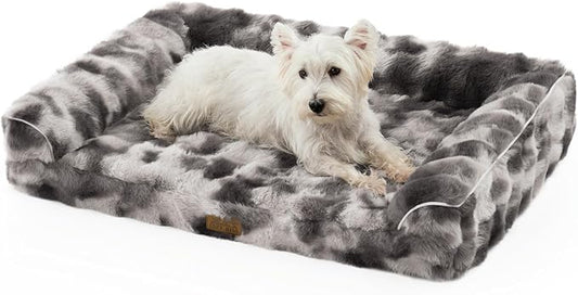 Faux Fur Orthopedic Dog Bed, Dog Bed for Large Size, Supportive Foam Pet Sofa with Waterproof Lining Cover, Washable U-Shaped Pet Couch with Anti-Slip Bottom, Tie-dye Grey L 36x27x6.5 inch