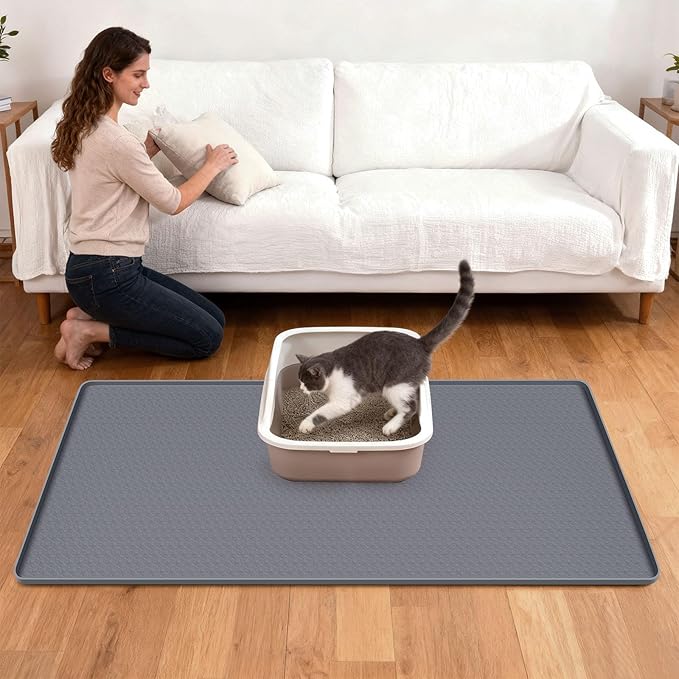 51" x26" Cat Litter Mat Lanstics Cat Mat for Litter Box Large Silicone Litter Box Mat for Kitty Scatter Control Floor Protect (Grey)