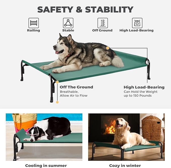 Veehoo Elevated Dog Bed, Outdoor Raised Dog Cots Bed for Large Dogs, Cooling Camping Elevated Pet Bed with Slope Headrest for Indoor and Outdoor, Washable Breathable, X-Large, Green, CWC2204