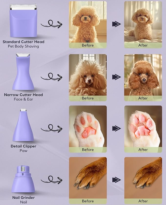 Dog Clippers Grooming Kit, 4 in 1 Quiet Cordless Dog Paw Trimmer & Nail Grinder, Small Cat Clippers Electric Rechargeable Low Noise Pet Shaver for Trimming Hair on Paw Eye Ear Face (Purple)
