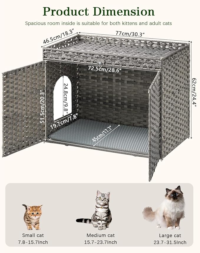Cat Litter Box Enclosure Furniture, Handwoven Rattan Hidden Litter Box with Mat, Large Space Cat House with 2 S-Shaped Hooks 30.3 x 18.3 x 24.4 Inches, Indoor for Living Room Apartment Gray