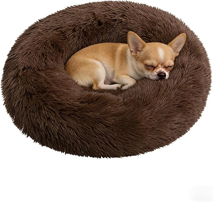 Calming Donut Dog Beds for Small Dogs Kitten - Washable Removable Cover Non-Slip Bottom, Round Pet Bed Puppy Bed Warming Fluffy Faux Fur Anti-Anxiety, Fits up to 15 lbs (Coffee, 20")