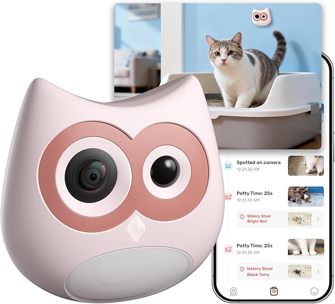 Litter Box Camera – AI Cat Health Monitoring, Records Toileting Behavior, UTI/Diarrhea Abnormal Alerts, Fits Automatic & Standard Litter Boxes, Multi-Cat Support, Night Vision Cat Cam (Pink)