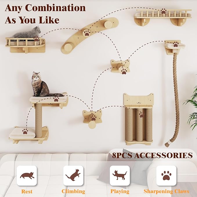 BYBYME Cat Climbing Wall Set Made of Natural Wood, 8 Pcs Sturdy Furniture with Scratching Posts, Kitten Platform, 100CM Sisal Rope and Cat Bed for Cats Sleeping, Playing, and Lounging（Natural Wood）