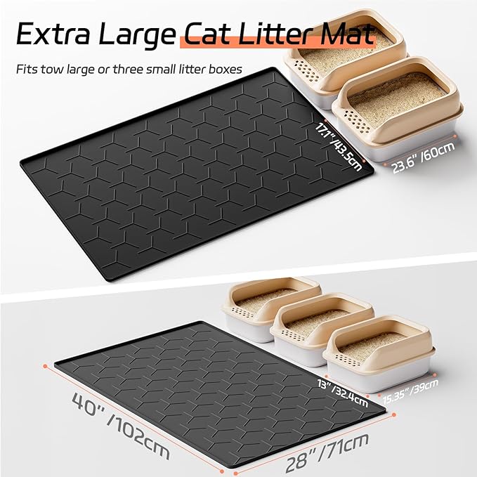 Extra Large Silicone Cat Litter Mat, Waterproof/Urineproof, Litter Recycling, Easy to Clean, Soft on Kitty Paws (28"X40"-Black)