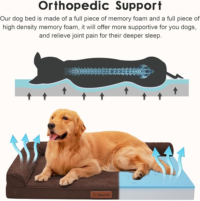Orthopedic Dog Beds for Large Dogs, Memory Foam Dog Beds Large Sized Dogs, Washable Removable Cover, Nonskid Bottom, Waterproof, for Indoor, Outdoor, Crate ＆ Car Use, 44x32x6 Inches, Brown Grey
