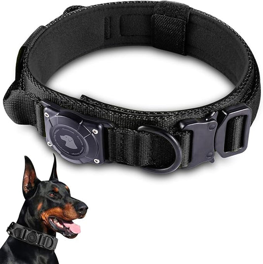 2025 Upgrade Waterproof AirTag Dog Collar, Military Tactical Dog Collar with AirTag Holder, Comfortable Control Handle and Metal Buckle, GPS Dog Collar Holder for Medium to Large Dogs (Black, M)