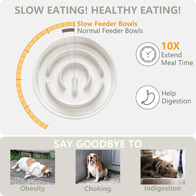 Ceramic Slow Feeder and Water Bowl Set for Medium and Large Dogs, 8.0inch Ceramic Dog Bowls Elevated with Wooden Stand, 2.0 Cups Dog Slow Feeder(30oz) and 70oz Water Bowl Set, White