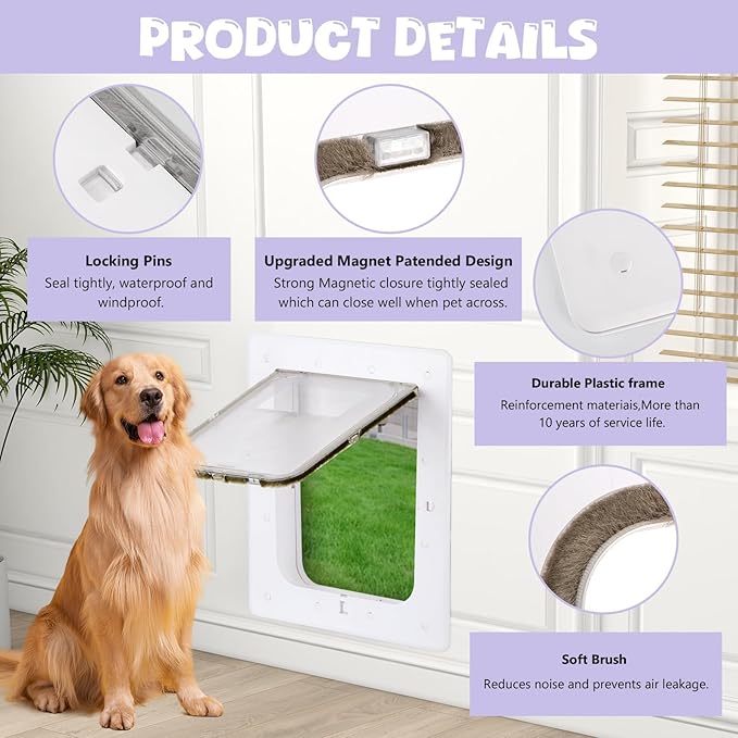 Weatherproof Plastic Dog Door with Secure Locking Panel, Durable White Pet Door 6.5"x9.25" for Large Dogs & Pets, Easy Install for Interior & Exterior Doors, Walls, Screens