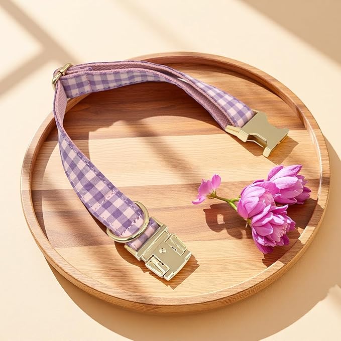 PETDURO Personalized Dog Collar Pink Purple Gingham Plaid for Large Medium Dogs | Engraved Name and Phone Number on Gold Metal Buckle for Girls | Add Leash & Bow Tie via Customize Now