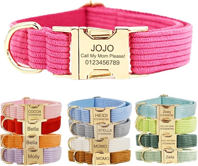 Custom Dog Collar with Metal Buckle - Pet Collars Personalized with Name and Phone Number (Corduroy)
