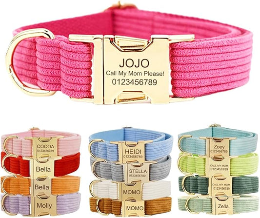 Custom Dog Collar with Metal Buckle - Pet Collars Personalized with Name and Phone Number (Corduroy)
