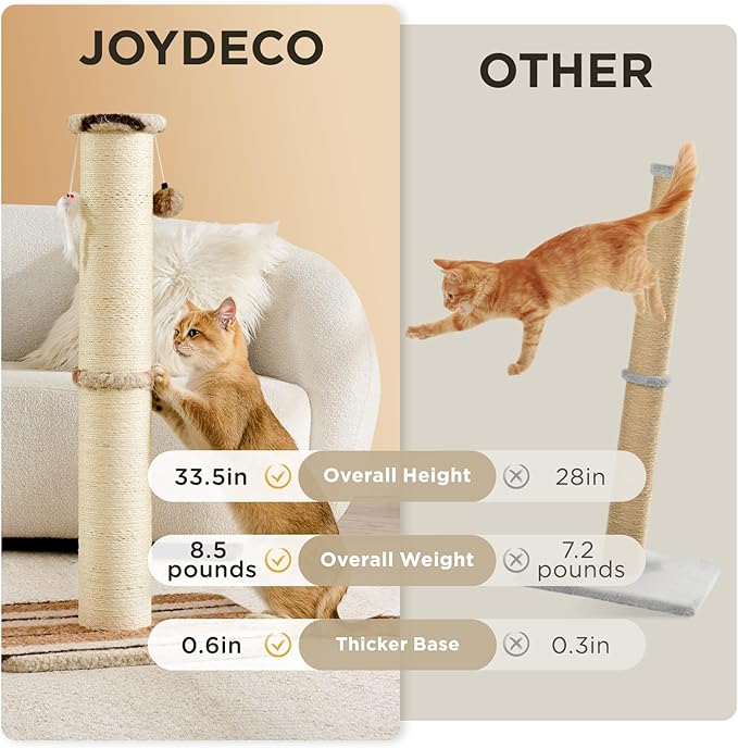 Joydeco Cat Scratching Post 38 Inches Heavy Duty and Thick Scratching Post Sisal Rope with Hanging Ball and Mice for Indoor Cats(Coffee)