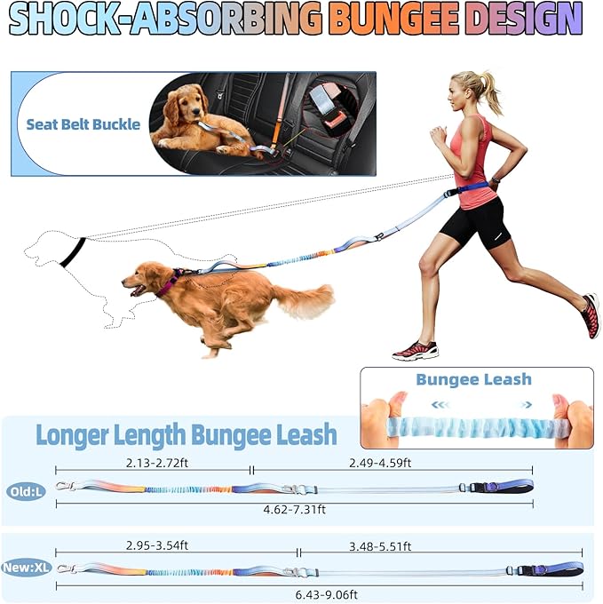 Roses&Poetry Hands Free Dog Leash with Zipper Pouch, 6-9ft Bungee Waist Leash for Medium Large Dogs Walking, Running Lead with Dual Padded Handles Car Safety Buckle for Training Jogging