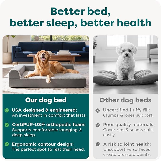 Furhaven Orthopedic Dog Bed for Large Dogs w/ Removable Bolsters & Washable Cover, For Dogs Up to 95 lbs - Two-Tone Plush Faux Fur & Suede L Shaped Chaise - Stone Gray, Jumbo/XL