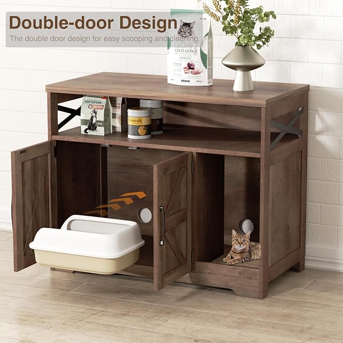 Cat Litter Box Enclosure, Hidden Litter Box Furniture with Scratch Pad, Farmhouse Indoor Cat House Washroom End Table, Retro Brown
