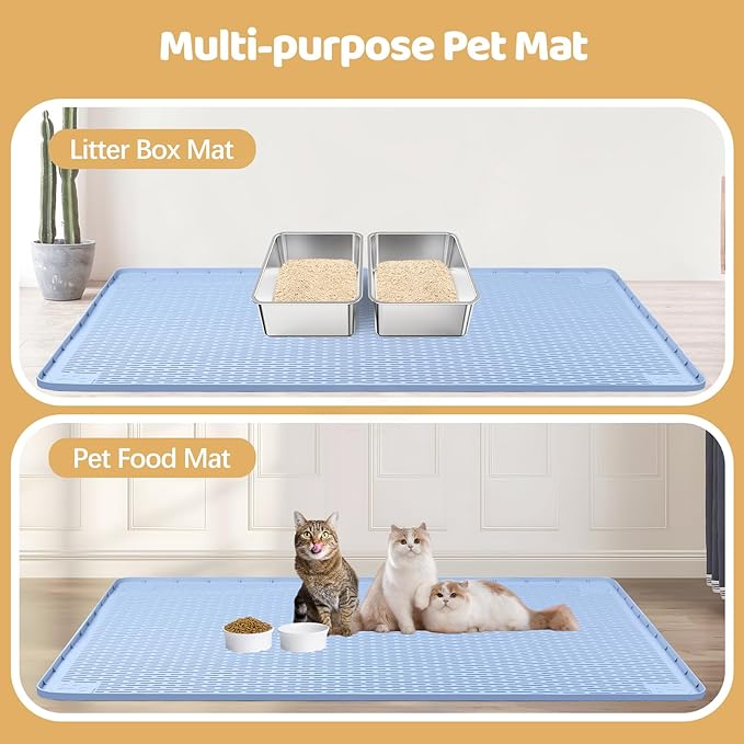 Cat Litter Mat, XXL Extra Large 50" x 35" Silicone Mat Litter Trapping Mat for Scatter Control, Soft on Kitty Paws, Easy to Clean (Blue)