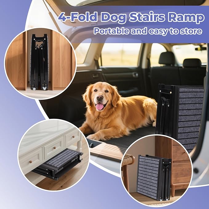 Dog Car Ramp for Large Dogs, Foldable Steps for Car Truck, SUV, Heavy Duty Pet Puppy Stair for High Bed & Sofa with Non-Slip Rug Surface, Steps for Dogs to Get in Car Vehicle