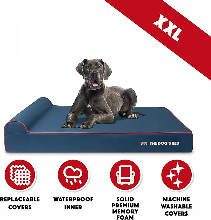 The Dog’s Bed Orthopedic Headrest Dog Bed XXL Blue Oxford with Red Trim UK Flag Dog Bed, Memory Foam, Hip & Elbow Dysplasia, Post Surgery, Waterproof Washable Cover
