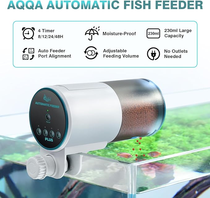 AQQA Automatic Fish Feeder for Aquarium - Auto Fish Food Dispenser with 8/12/24/48H Timer, 230ml Large Capacity Vacation Tank Feeder for Turtle Betta Goldfish, Feeding Port Automatic Alignment