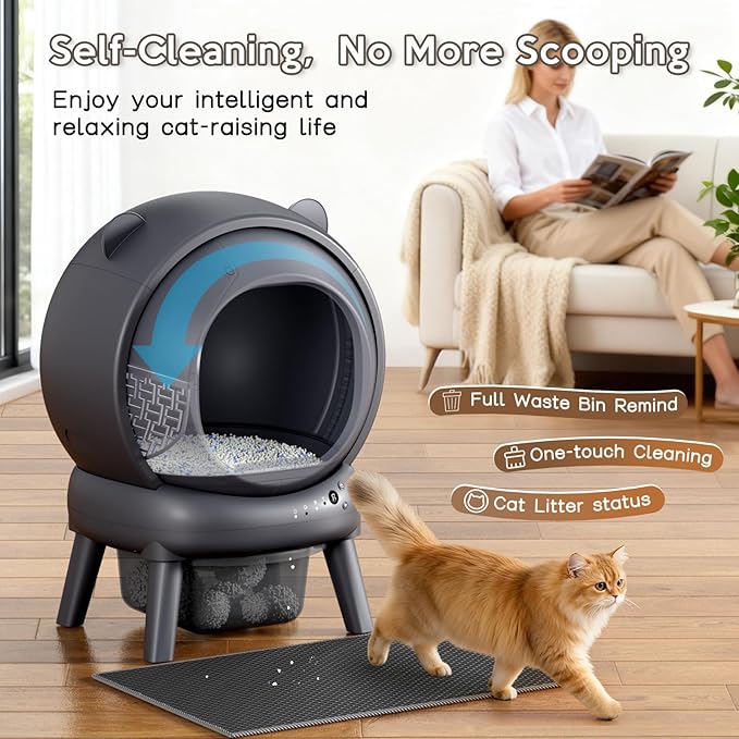 Automatic Litter Box for Multiple Cats, Large Capacity Self Cleaning Litter Box with App Control, Odor & Noise Control, Dual Safety Sensors, Easy Maintenance with 2 Roll Garbage Bags, Gray