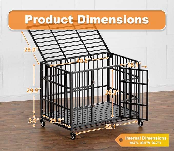 42 Inch Heavy Duty Dog Crate with Wheels,Indestructible Escape-Proof Dog Kennel with Locking Latch and Double Door,Extra Large XL XXL Crate Indoor for Large and Medium Dog with Removable Tray