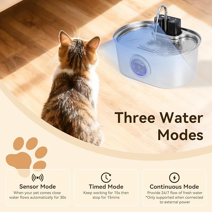 Cat Water Fountain Stainless Steel Wireless,4000mAh 30-Day Battery & Motion Sensor,108oz/3.2L Large Capacity,3-Stage Filtration, Ultra Quiet