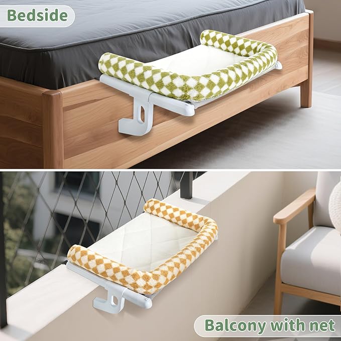 Sunhoo Cat Window Perch Hammock Sturdy Windowsill Bed Seat for Large Cats No Drilling No Suction Adjustable Kitty Shelf with Washable Cover Easy Assembly Holds up to 40 lbs 24.8 * 15 in (Brown, L)