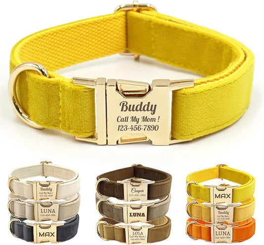 Velvet Personalized Dog Collar with Name - Customizable Dog Collar with Quick Release Metal Buckle - Leash and Bow Tie Available (Lemon, XS)