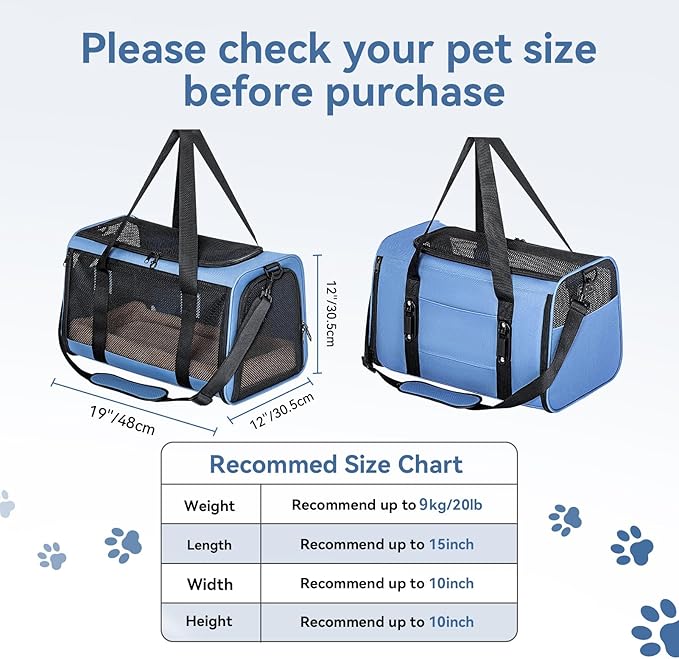 PETSFIT Cat Car Carrier for Medium Cats Dogs, 19"x12"x12" Small Dog Carrier, with Patent Safety Buckles and Escape-Proof Zipper - Safeguarding Car Travel, Vet Visit, Outdoor