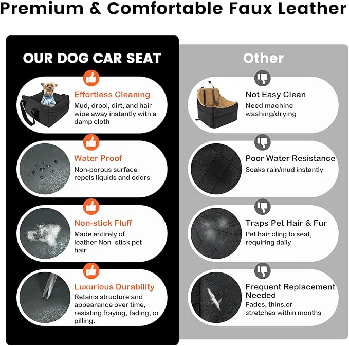 Dog Car Seat for Small Dogs, Large Leather Dog Car Bed with Storage Pocket, Waterproof PVC Leather Booster Seat Travel Bed for Front & Back Seat, Clip-On Safety Leash (Black)