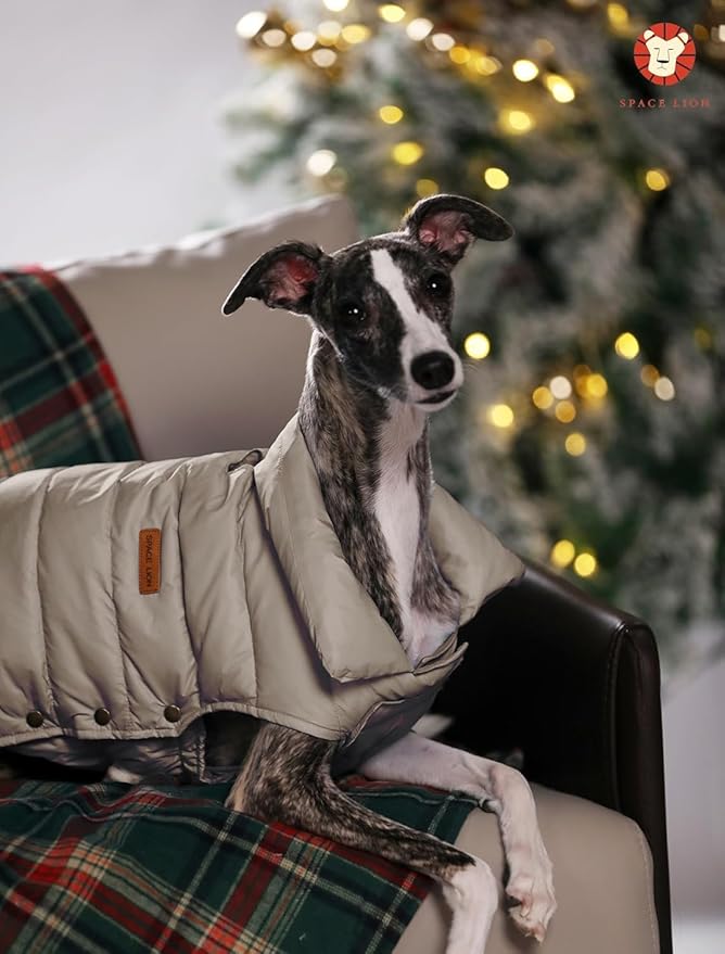 SPACE LION Dog Puffer Jacket, Down Winter Coat, Durable Outdoor Coat for Cold and Windy Conditions, Lightweight & Adjustable Fit Coats for Large Dogs,(Khaki, Size28/4XL)