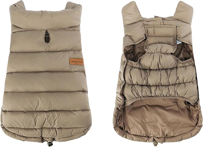 SPACE LION Dog Puffer Jacket, Down Winter Coat, Durable Outdoor Coat for Cold and Windy Conditions, Lightweight & Adjustable Fit Coats for Small Dogs, (Khaki, Size10/S)