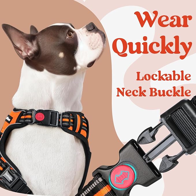 rabbitgoo Dog Harness for Large, No Pull Pet Harness with 3 Buckles, Adjustable Soft Padded Vest with Control Handle, Walking Reflective Pet Vest for Large Dogs, Orange, L