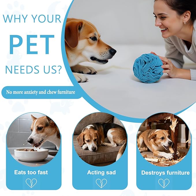 Blue Snuffle Ball for Dogs, Bright Color Slow Feeder Interactive Toy, Mental Enrichment Puzzle Game for Anxiety Relief & Indoor Fun, Machine Washable for Small Medium Large Dogs