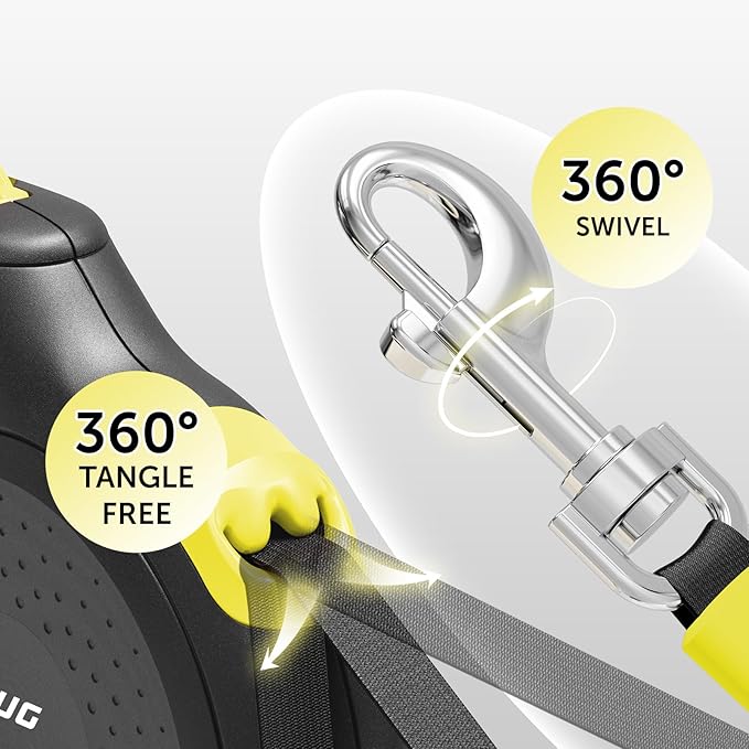 TUG 360° Tangle-Free Retractable Dog Leash | 16 ft Strong Nylon Tape (Medium, Black/Yellow)