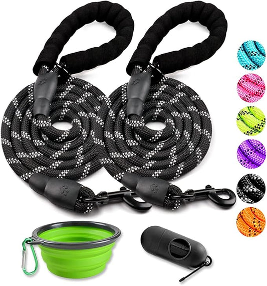 COOYOO 2 Pack Dog Leash 6 FT Heavy Duty - Comfortable Padded Handle - Reflective Dog Leash for Medium Large Dogs with Collapsible Pet Bowl