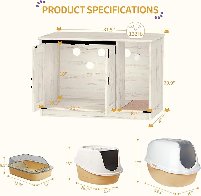 Cat Litter Box Enclosure, Hidden Litter Box Cabinet Furniture with Bell, Indoor Cats House, Farmhouse Style, 31.5 x 19.7 x 20.9Inches, for Hallway, Bedroom, White CB82414B