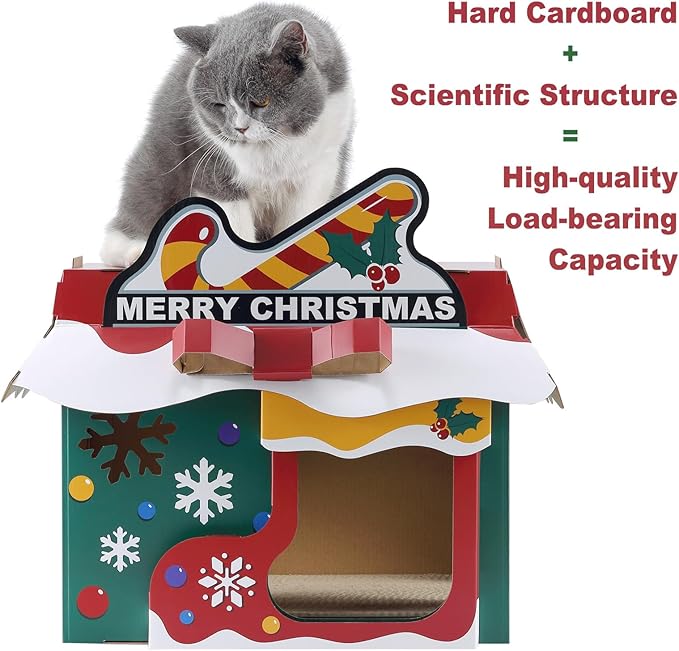Cardboard Cat House with Scratcher – Christmas Cottage Design, 19''L x 17''W x 22''H, Festive Indoor Cat Playhouse & Hideout for Cats up to 22 lbs, Corrugated Scratch Pad & Holiday Home Décor