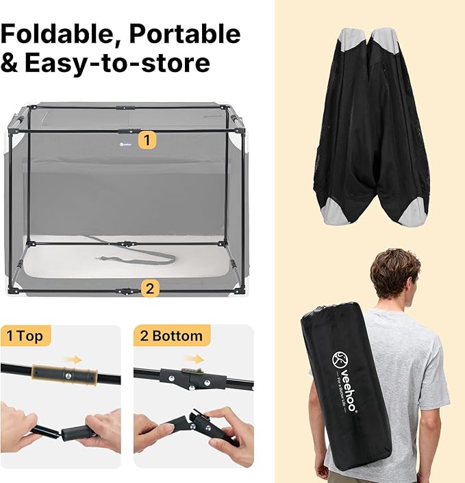 Veehoo Large Dog Crate for Indoor Outdoor, Portable Collapsible Travel Dogs Crate, 42 Inch Soft Foldable Pet Kennel with 4-Door Mesh Windows