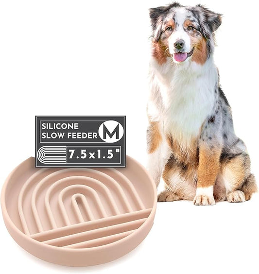 Should We Go? Slow Feeder for Dogs & Puppies, The Slowdown Bowl Silicone Slow Eating, Modern Lick Mat Design, Reduces Gulping, Fits 2 Cups, 7.5” Across x 1.5” Tall, Mealtime Challenge, Medium-Tan