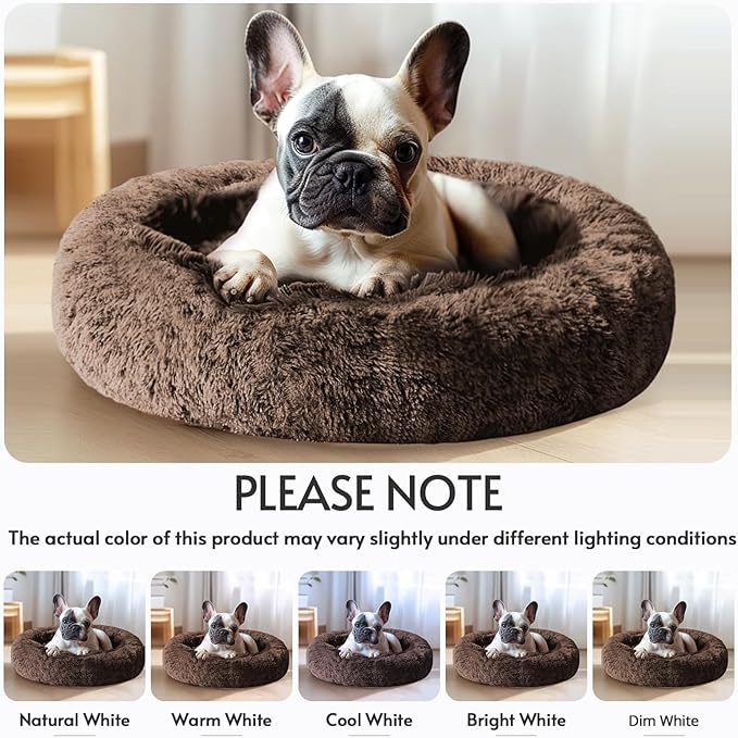 JOLLYVOGUE Calming Small Dog & Cat Bed for Indoor Cats - 20 inches Washable Donut Bed for Kittens & Puppies, Anti-Anxiety Round Fluffy Plush Pet Beds (Fits up to 15 lbs, Coffee)