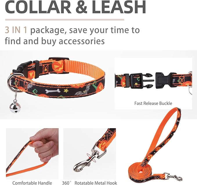 PUPTECK Adjustable Dog Harness Collar and Leash Set Step in No Pull Pet Harness for Small Medium Dogs Puppy and Cats Outdoor Walking Running, Soft Mesh Padded Reflective Vest Harnesses, Halloween, XS